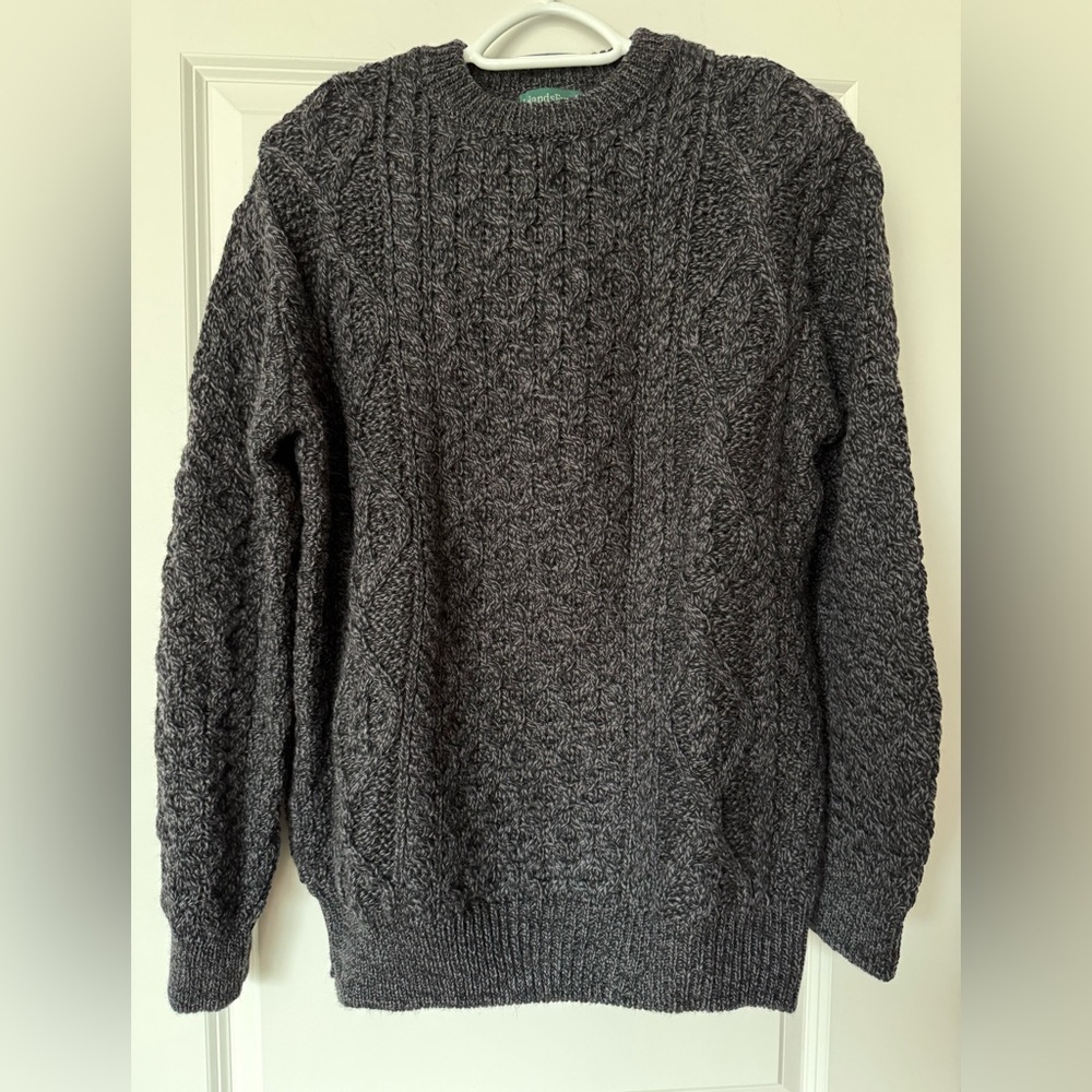 Ireland’s Eye ‘Cuileann’ Women’s Aran Crew Neck Sweater, Anthracite (colour).
